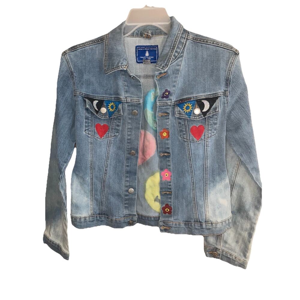 Women’s Northwest Wood Light Wash Denim Jacket Hippie Style Design Boho Sz M